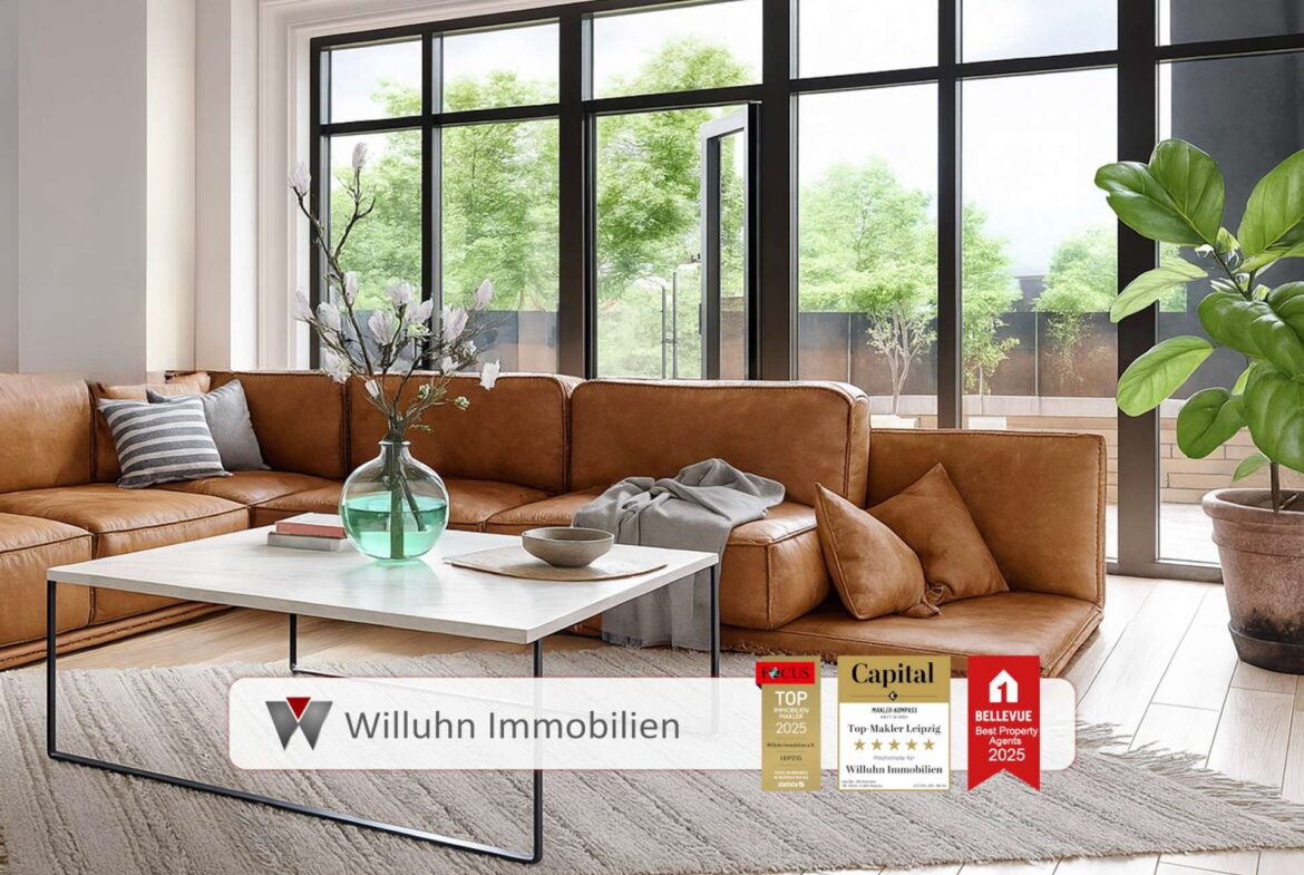 Lichtdurchflutetes Wohnzimmer - unverbindliche Visualisierung.