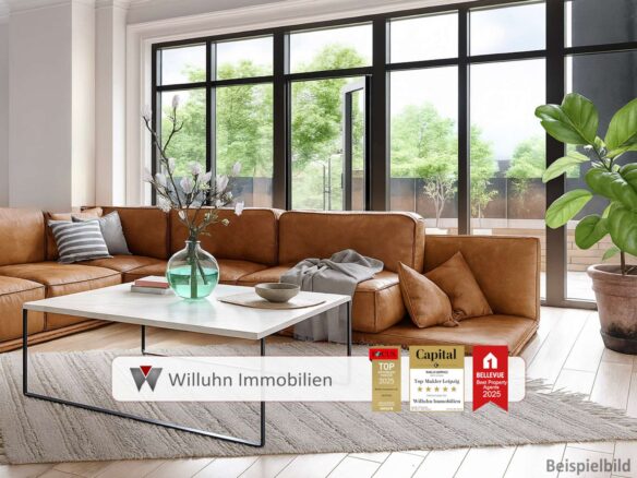 Lichtdurchflutetes Wohnzimmer - unverbindliche Visualisierung.