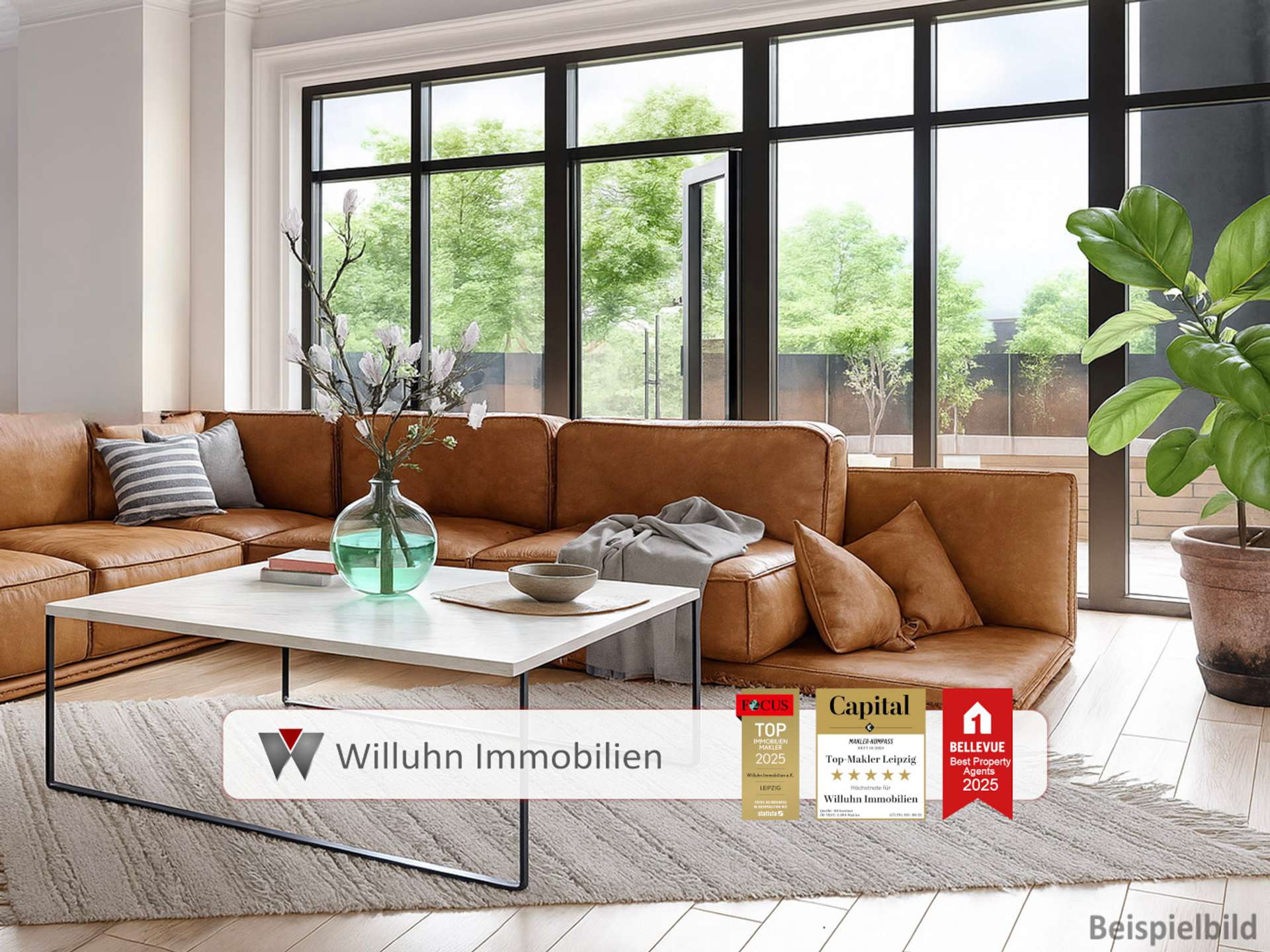Lichtdurchflutetes Wohnzimmer - unverbindliche Visualisierung.