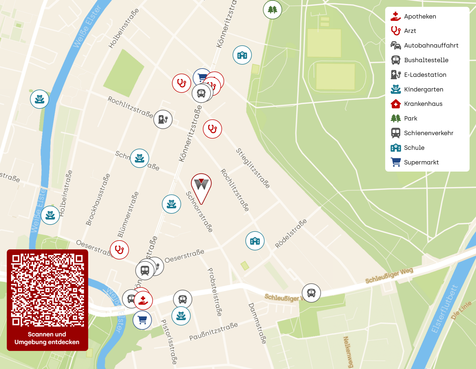 Karte mit verschiedenen Dienstleistungsstandorten in einer Stadt, darunter Apotheken, Ärzte, Supermärkte, Bushaltestellen, Schulen, Kindergärten und Parkplätze, gekennzeichnet durch Symbole. Ein roter QR-Code erscheint unten links.