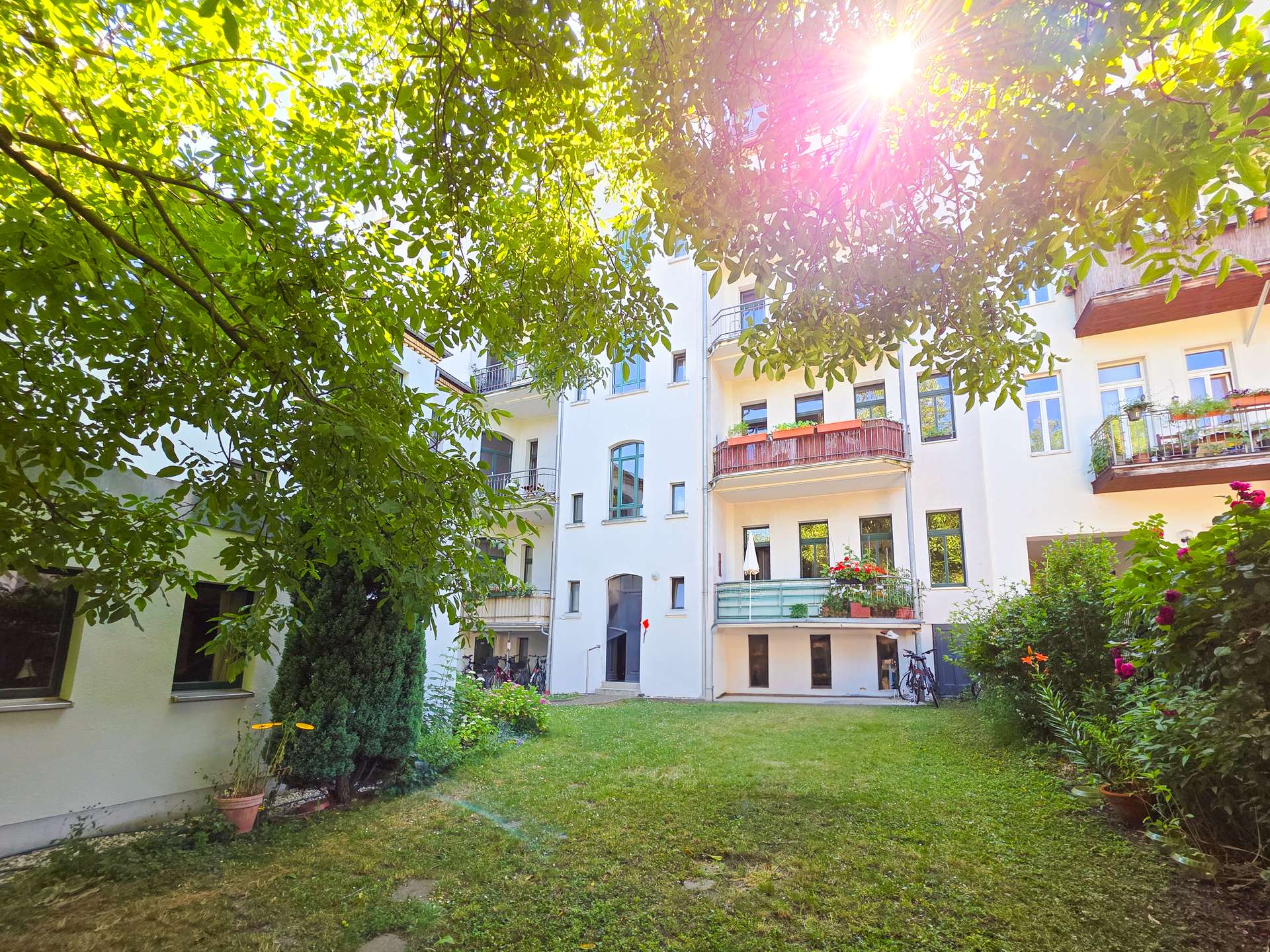 Ein sonniger Innenhof mit grünem Gras, Bäumen und Pflanzen, umrahmt von einem weißen Wohnhaus mit Balkonen und großen Fenstern. Das Sonnenlicht fällt durch die Blätter und schafft eine helle, einladende Atmosphäre.