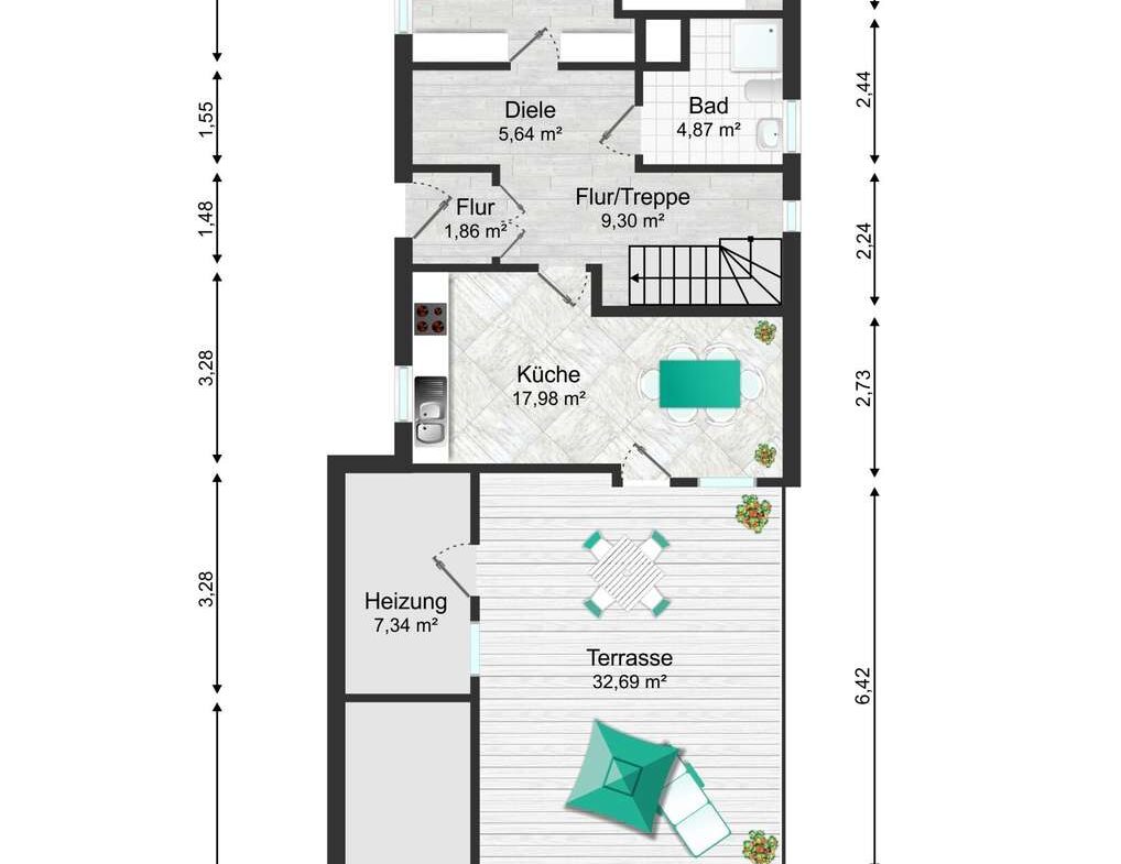Erdgeschoss mit Nebengelassen