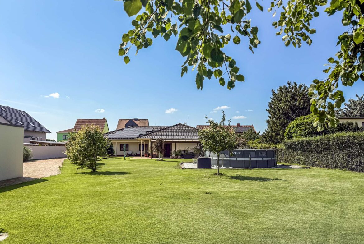 Blick auf Garten und Haus