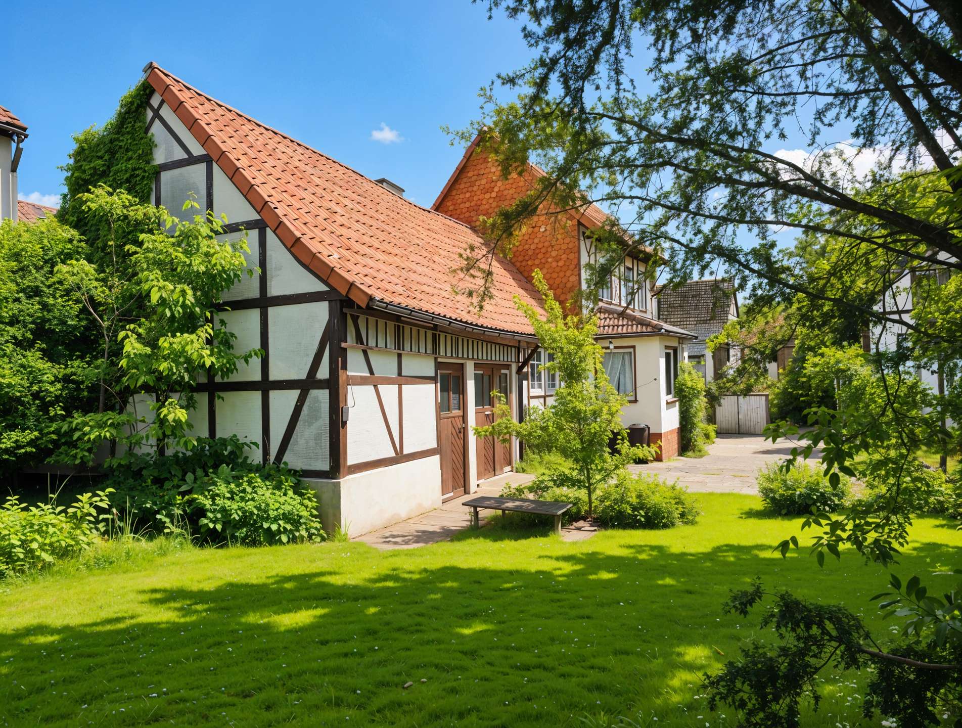 Blick vom Garten auf die Scheune