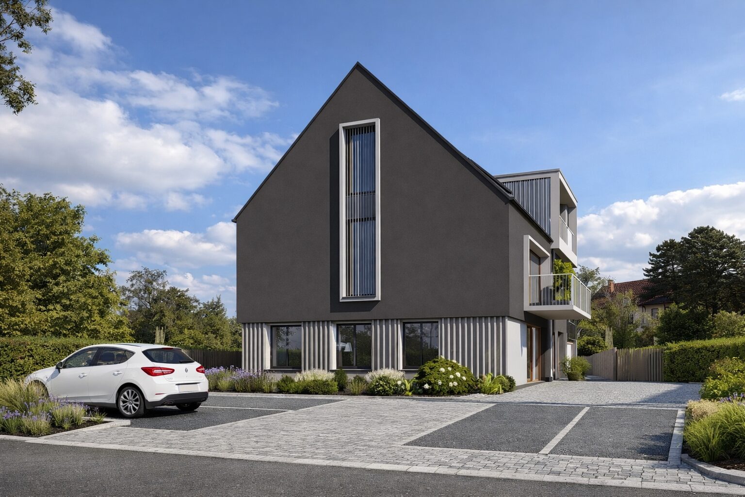 Seitenansicht mit Stellplätzen