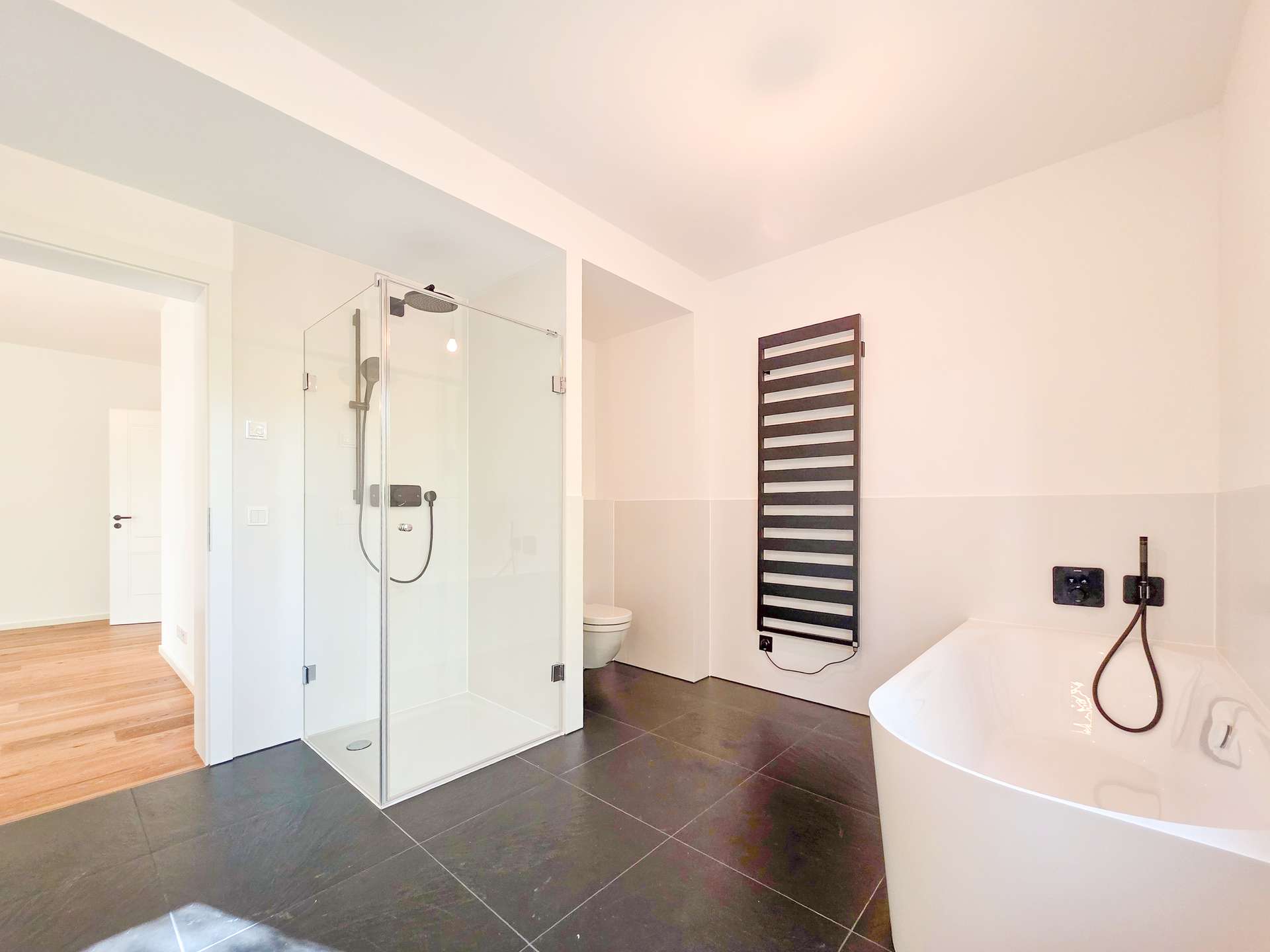 Modern bathroom with glass-enclosed shower, dark tile floor, and a white freestanding tub on the right.