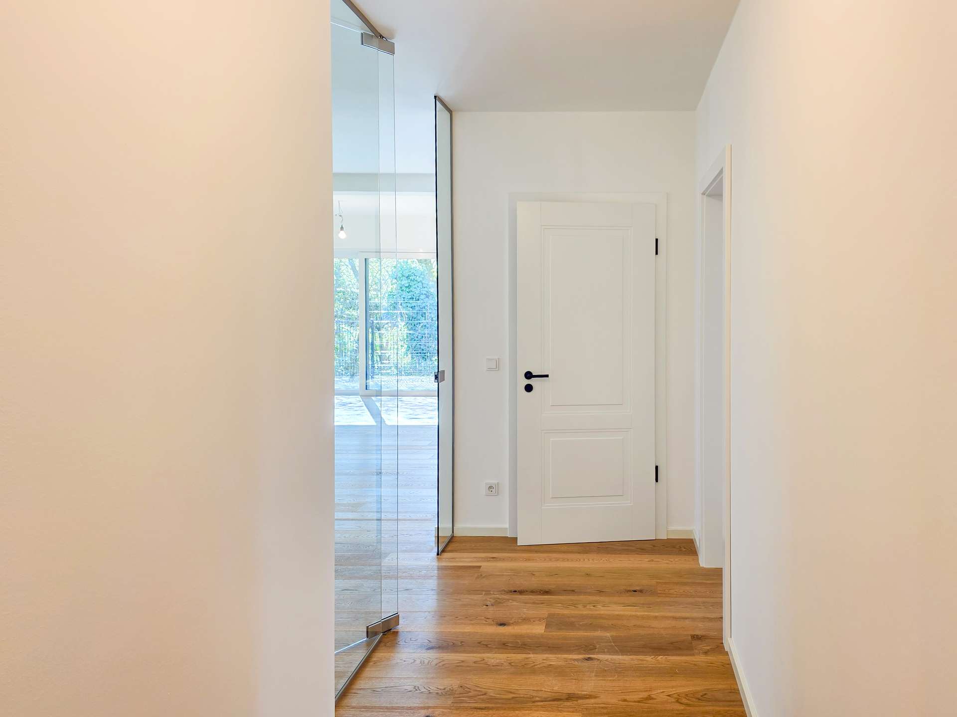 Bright hallway with a white paneled door at the end, glass left wall, and warm wooden flooring.