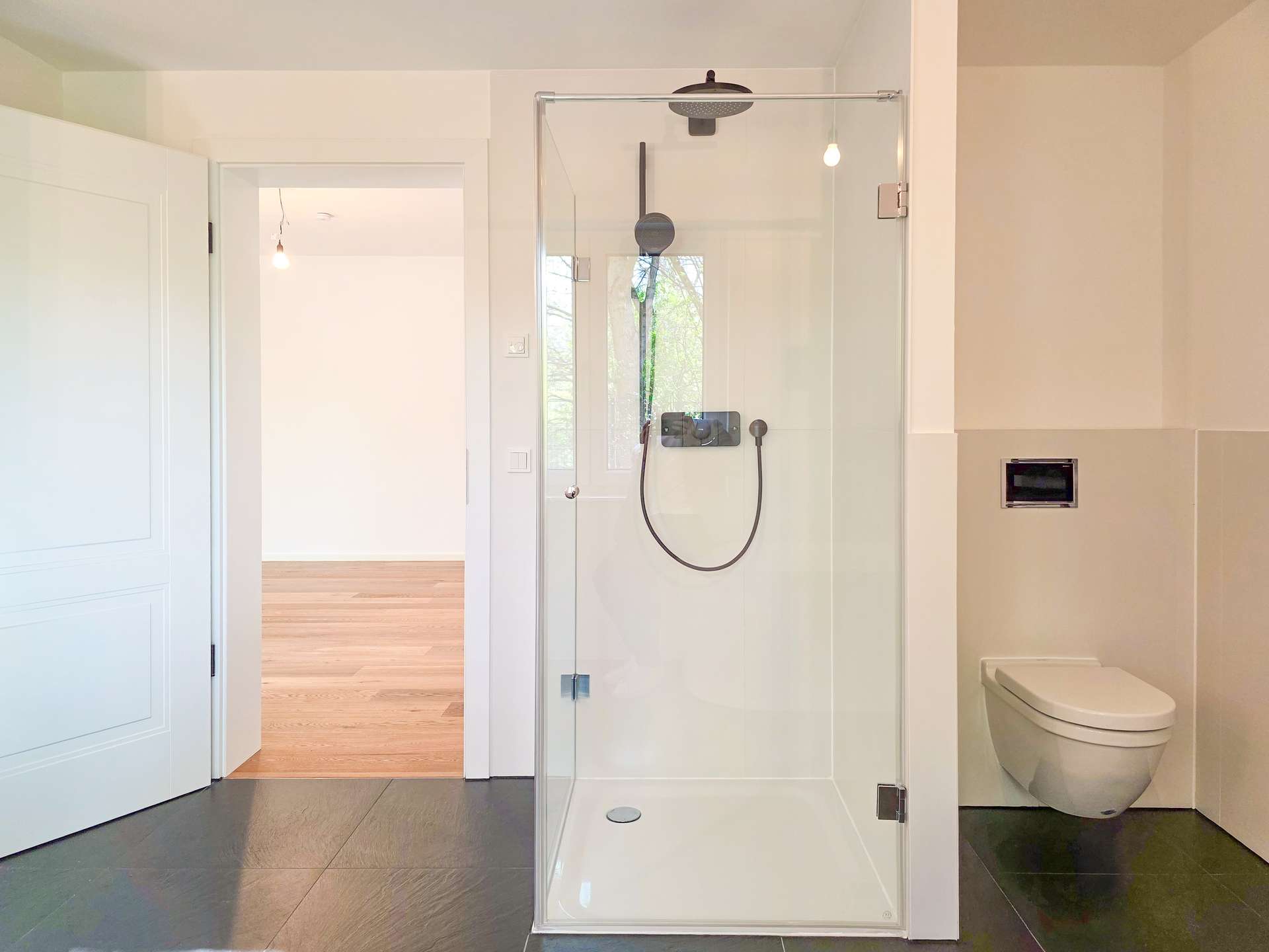 Modern bathroom with a frameless glass shower enclosure, black rainfall head, handheld wand, and wall controls; white toilet to the right and an open doorway to a bright hallway beyond.