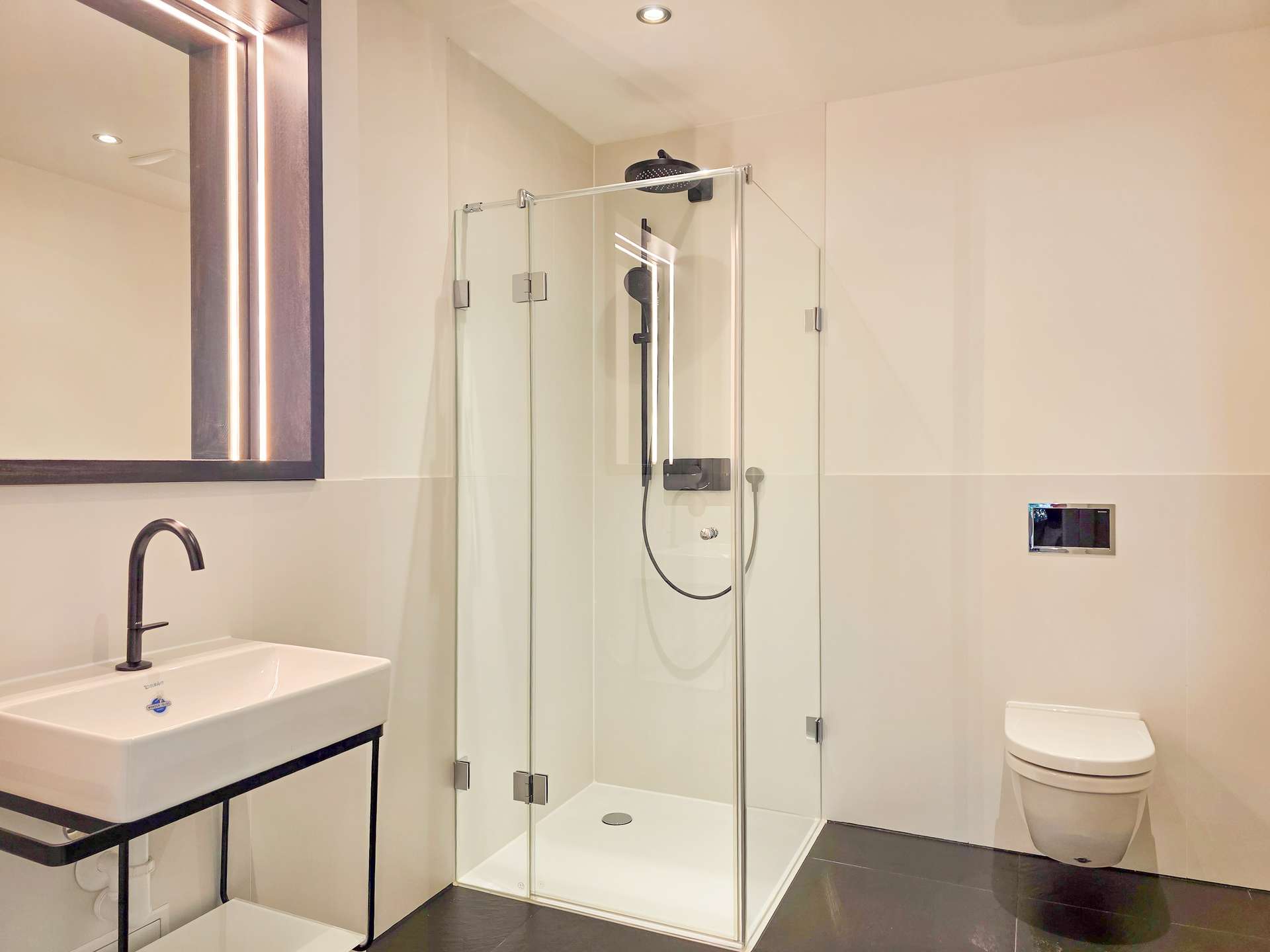 Modern bathroom with glass-walled shower, white sink with black faucet, and a wall-mounted toilet.