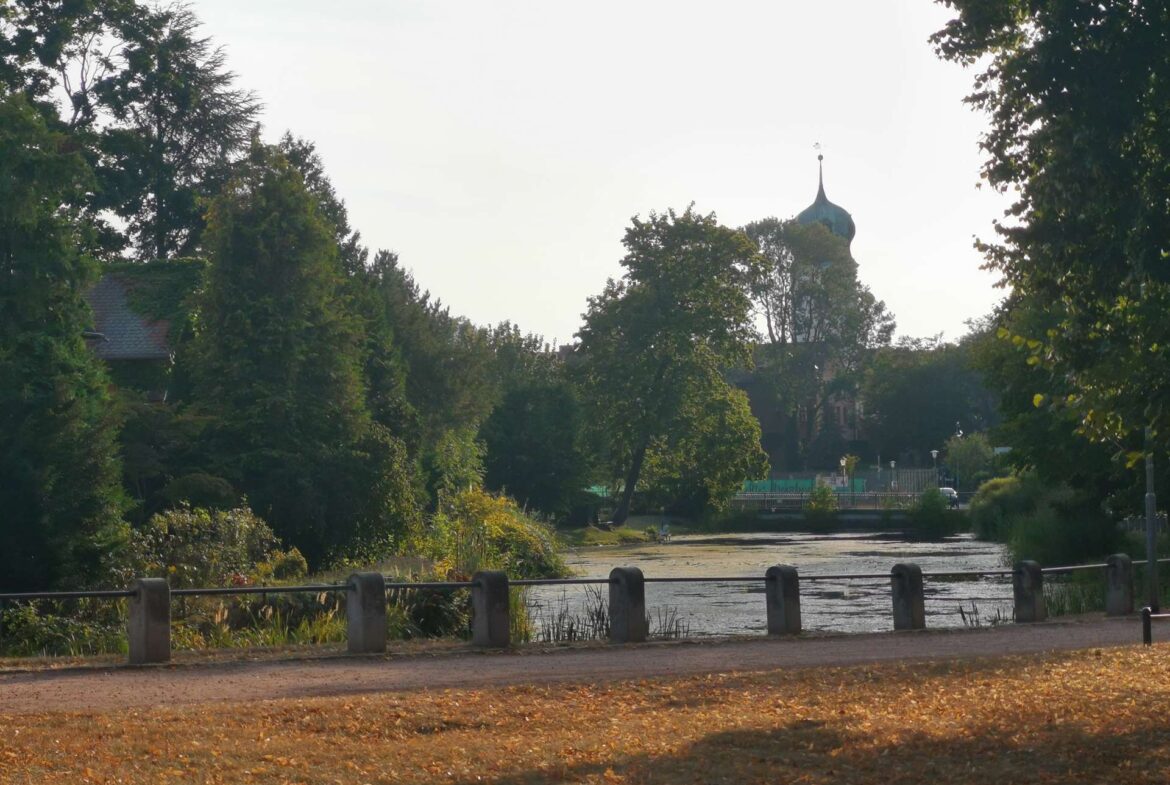 Riverside park with a railing, fallen autumn leaves, and a distant green-domed building framed by trees.