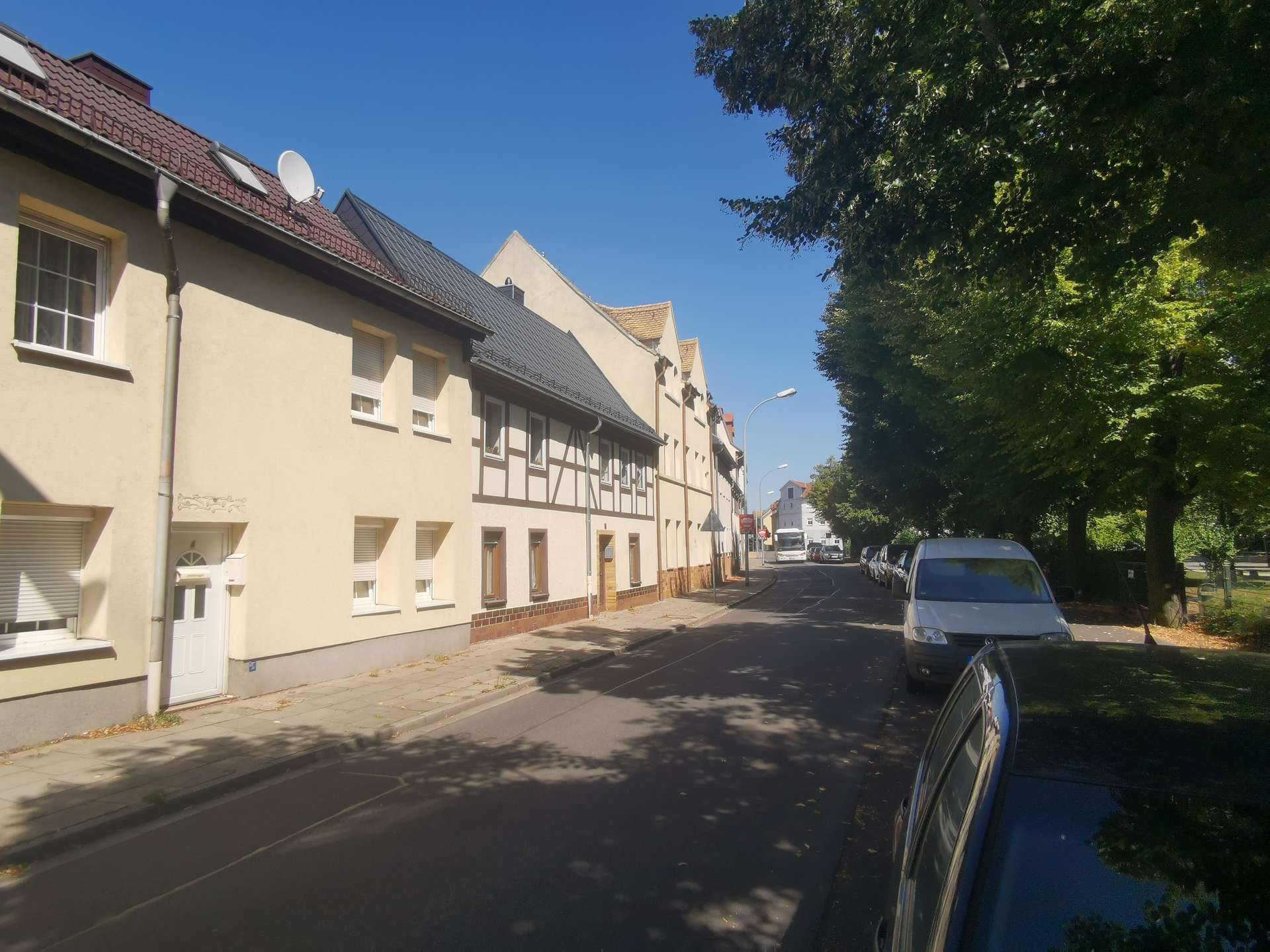Residential street with cream-colored houses on the left, parked cars along the curb, and a row of tall trees on the right under a clear blue sky.