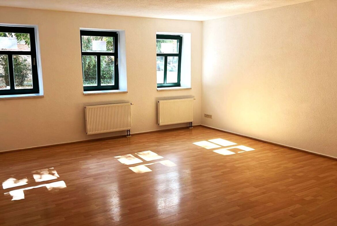Sunlit empty room with three green-framed windows, radiators, and a wooden floor; sunlight patches on the floor.