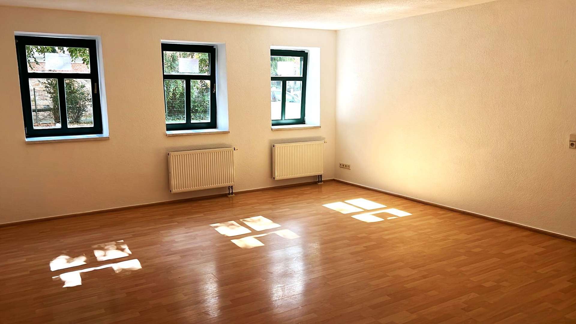 Sunlit empty room with three green-framed windows, radiators, and a wooden floor; sunlight patches on the floor.