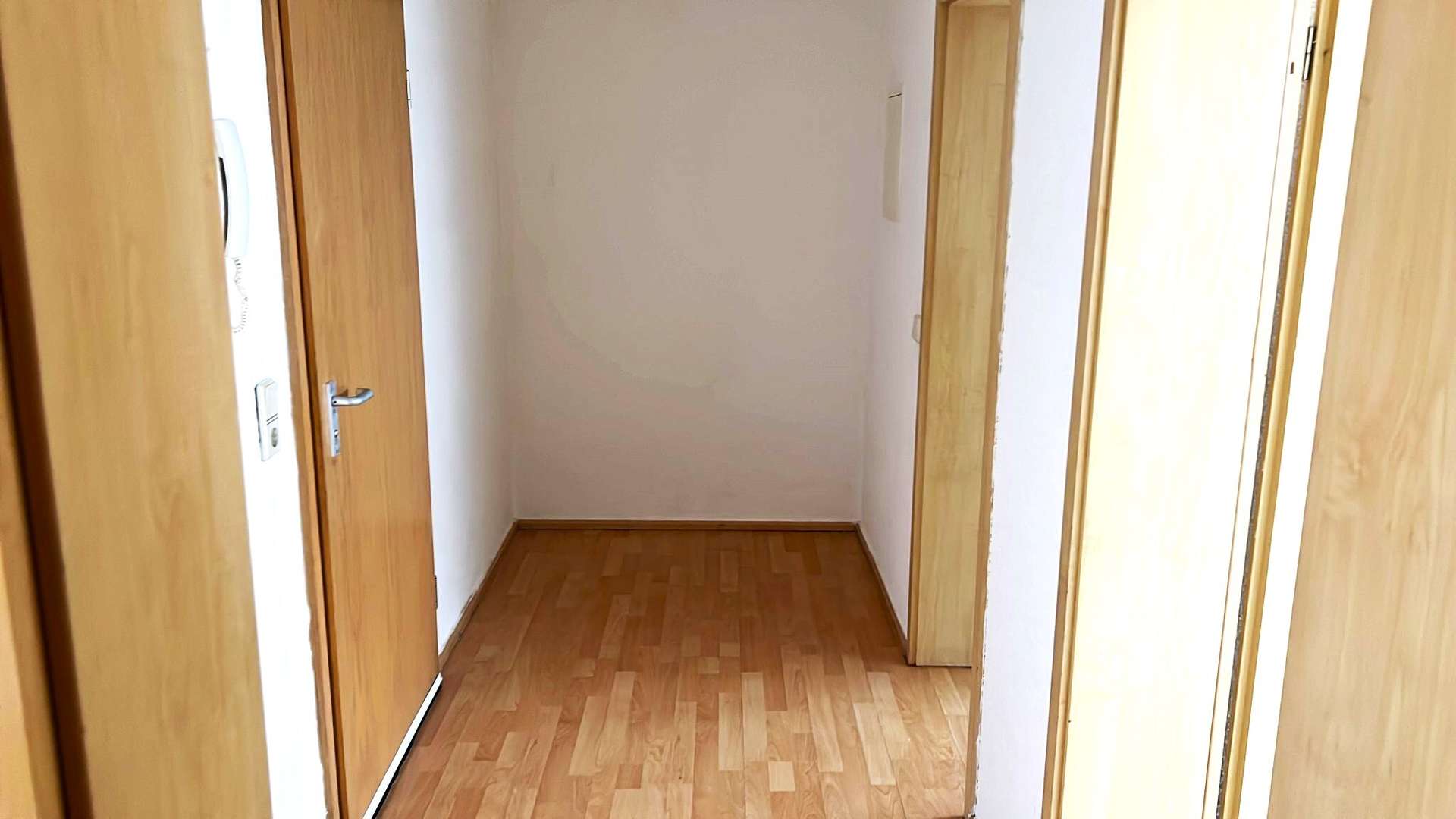Narrow hallway with wooden doors on both sides and light hardwood floor, ending in a blank white wall.