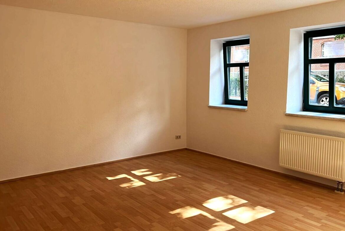 Empty room with light wood floor, white walls, and two dark-framed windows letting in daylight; radiator along the right wall.