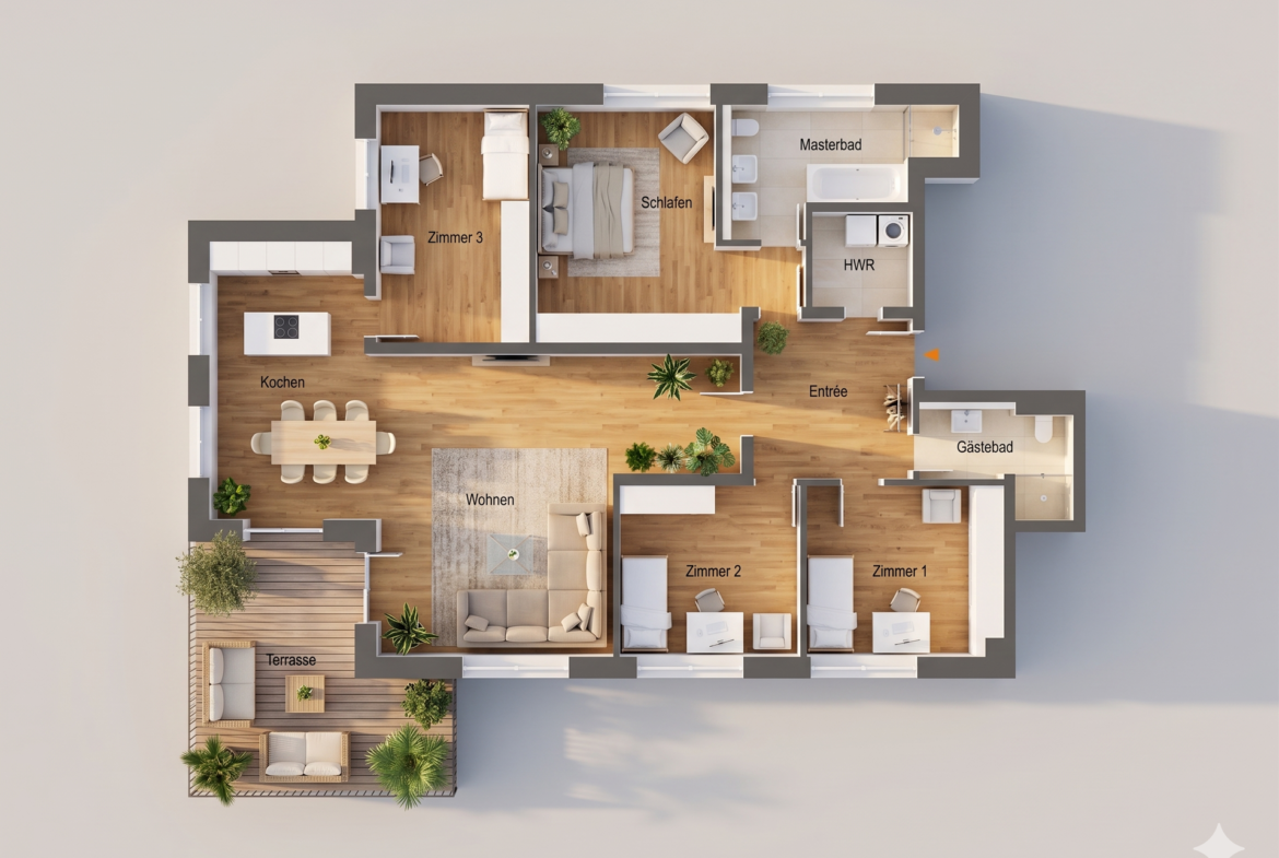 Floor plan of a modern apartment showing labeled rooms: living room, kitchen, terrace, three bedrooms (Zimmer 1–3), entry, master bathroom, utility room, and guest bathroom.