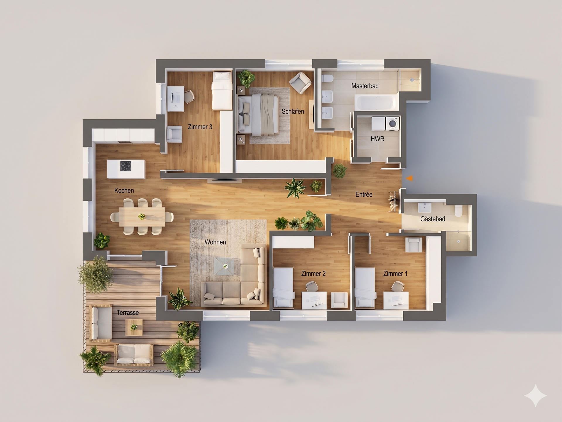 Floor plan of a modern apartment showing labeled rooms: living room, kitchen, terrace, three bedrooms (Zimmer 1–3), entry, master bathroom, utility room, and guest bathroom.