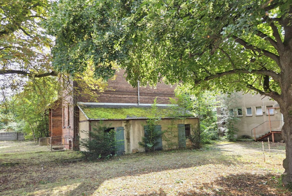 Abandoned brick building shaded by dense tree canopy with ivy on the roof and a small yard in front.
