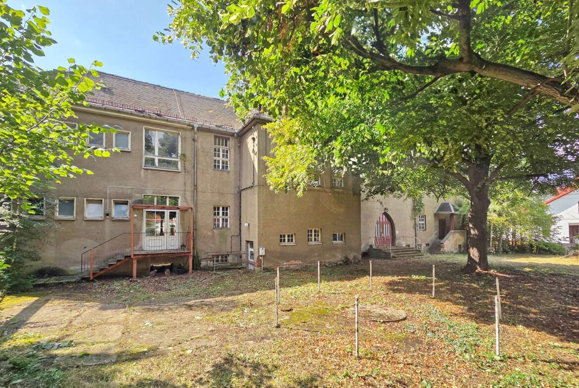 Old beige residential building with many windows seen through green tree branches in a sunny yard