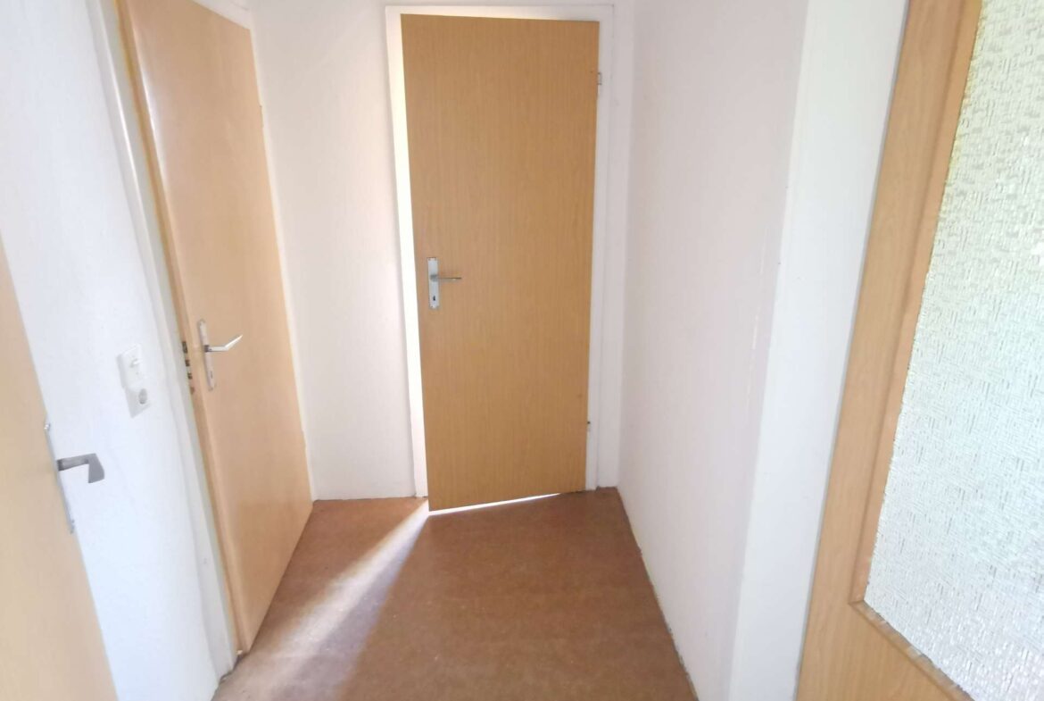 Narrow hallway with beige wooden doors along a brown floor and white walls.