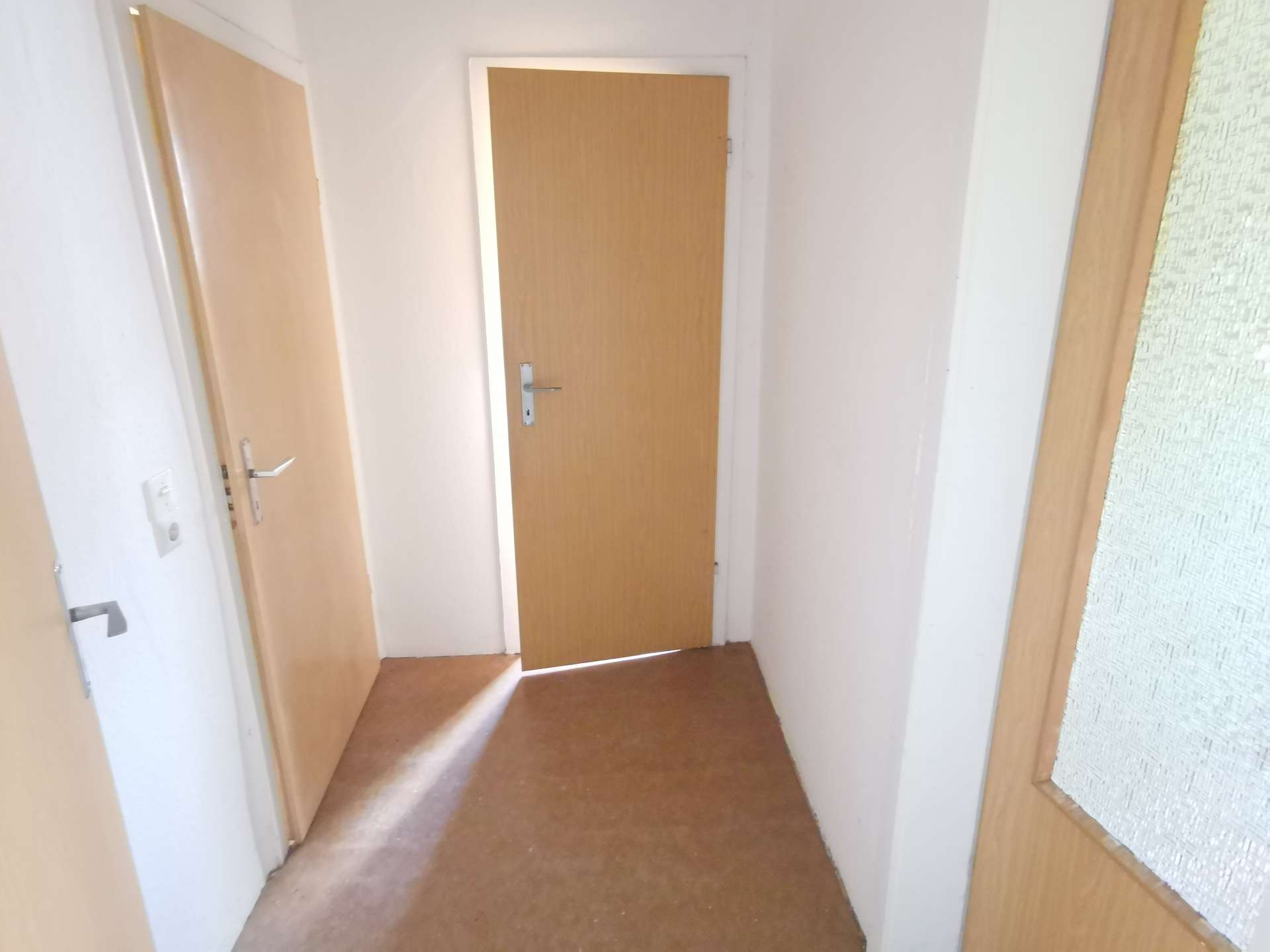 Narrow hallway with beige wooden doors along a brown floor and white walls.