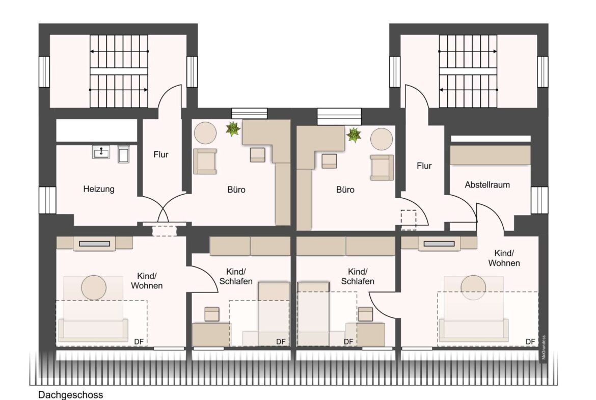 Top floor plan showing two mirrored apartments with Flur, Büro, Kinder/ Wohnen, Schlafzimmer, Abstellraum, Heizung areas and stair access on both sides