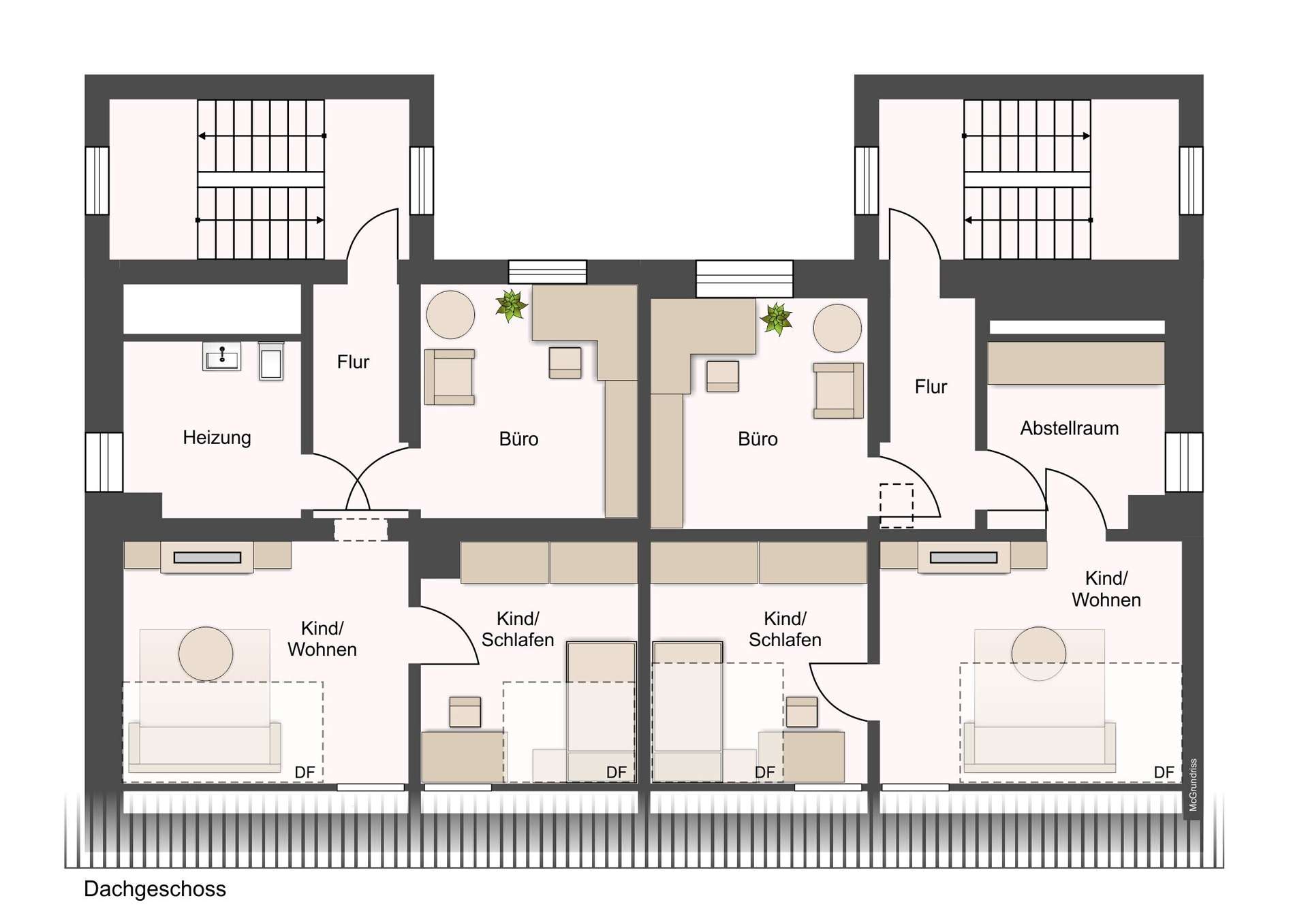 Top floor plan showing two mirrored apartments with Flur, Büro, Kinder/ Wohnen, Schlafzimmer, Abstellraum, Heizung areas and stair access on both sides