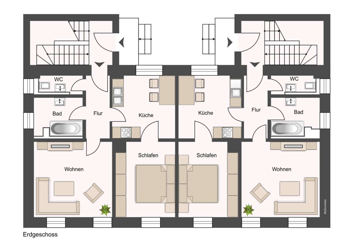 Ground-floor floor plan of two mirrored apartments: living areas, kitchens, bedrooms, bathrooms, WC, and stairs show the layout together.