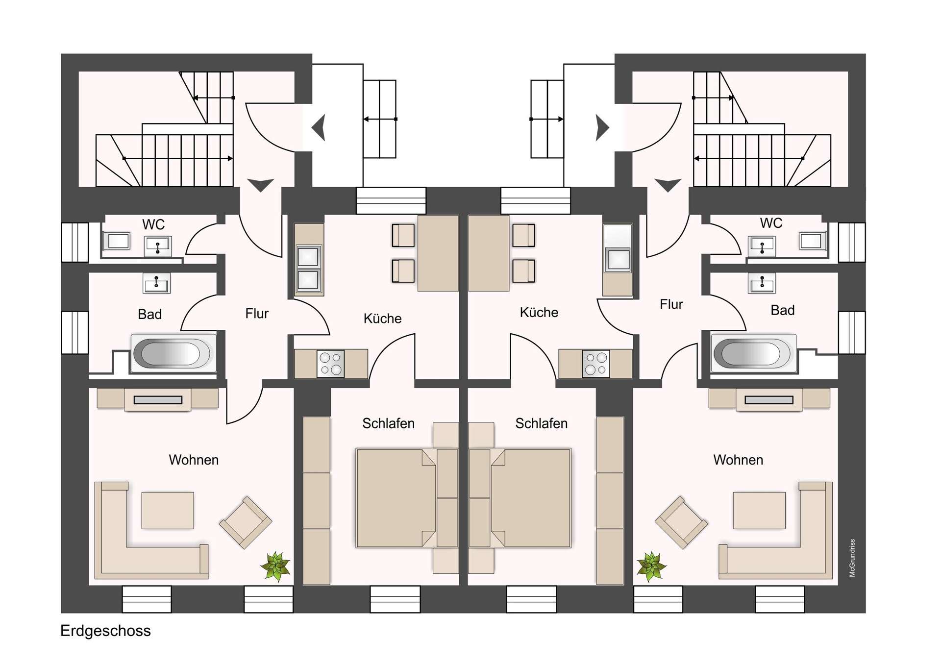 Ground-floor floor plan of two mirrored apartments: living areas, kitchens, bedrooms, bathrooms, WC, and stairs show the layout together.