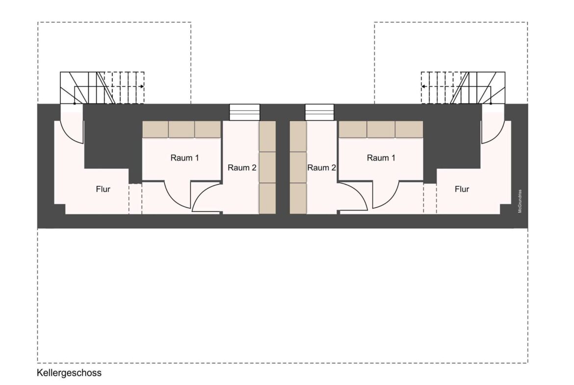 Basement floor plan showing two mirrored apartment layouts with rooms labeled Raum 1 and Raum 2, corridors (Flur) and stair access at ends.