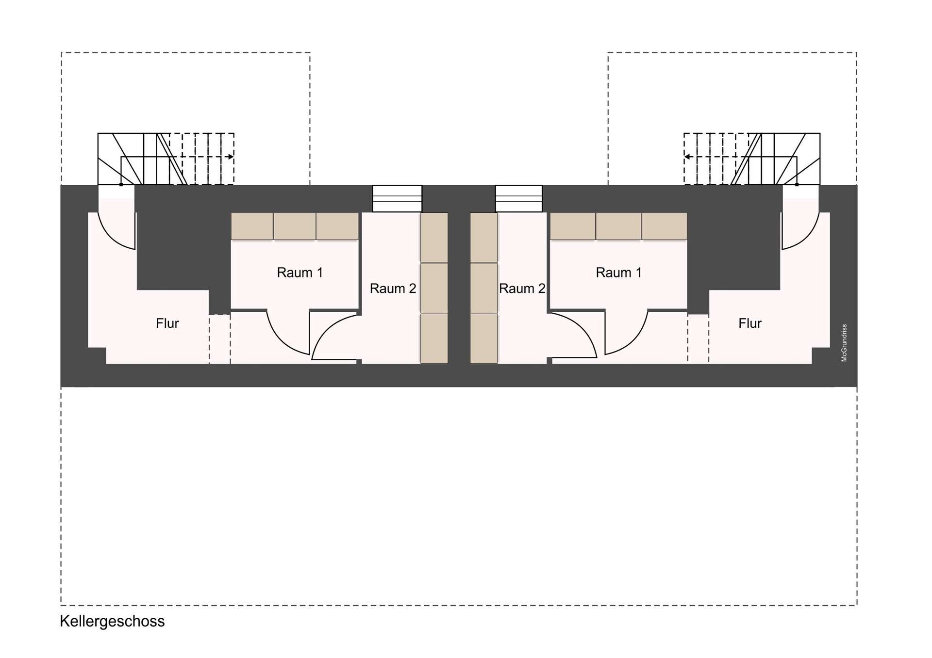 Basement floor plan showing two mirrored apartment layouts with rooms labeled Raum 1 and Raum 2, corridors (Flur) and stair access at ends.
