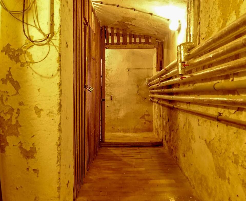 Narrow basement corridor with peeling walls, exposed pipes on the right, and a wooden gate at the far end.