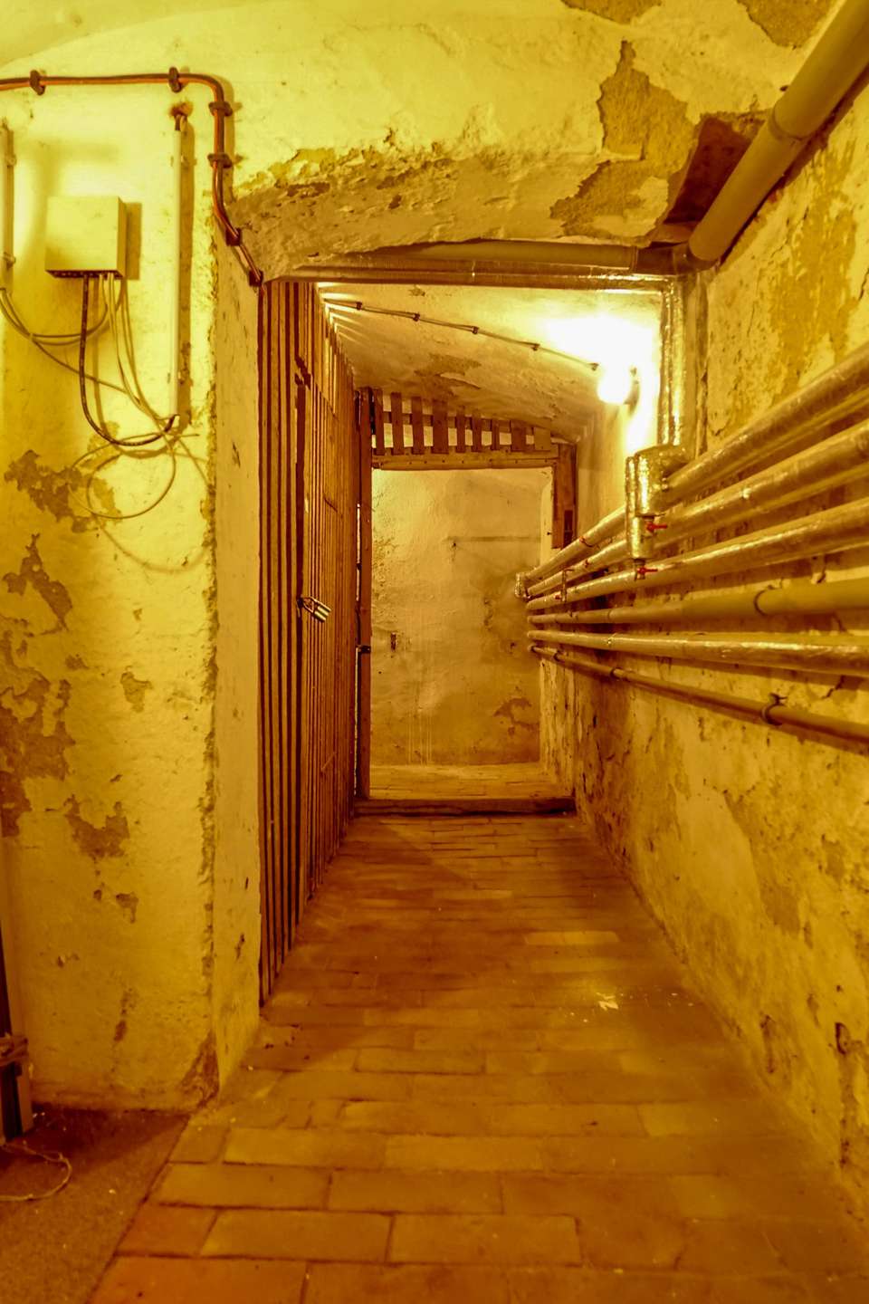 Narrow basement corridor with peeling walls, exposed pipes on the right, and a wooden gate at the far end.