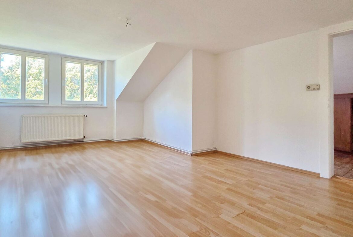 Bright empty living room with light wood floor, large windows, white walls, and a radiator beneath the windows.