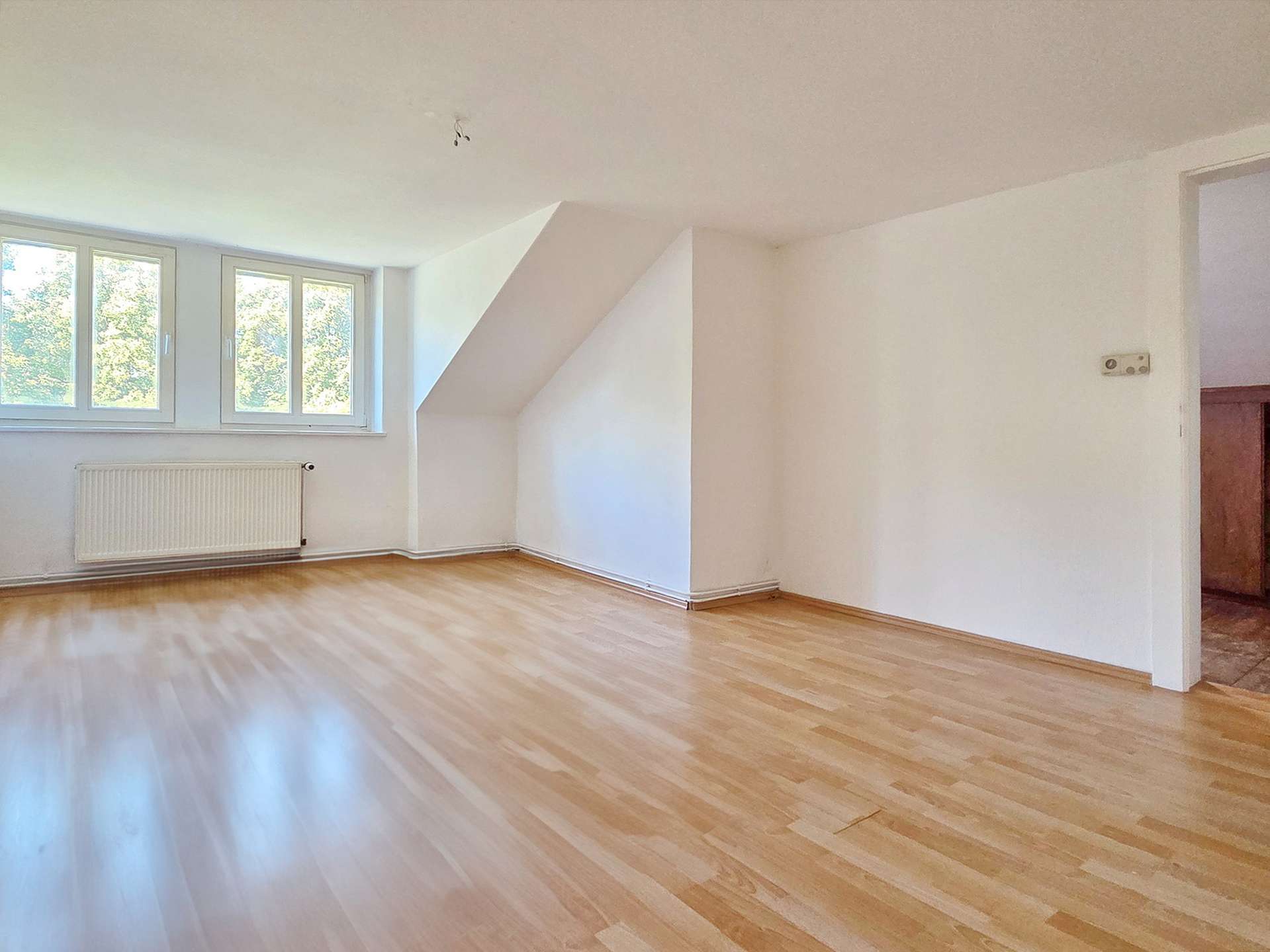 Bright empty living room with light wood floor, large windows, white walls, and a radiator beneath the windows.