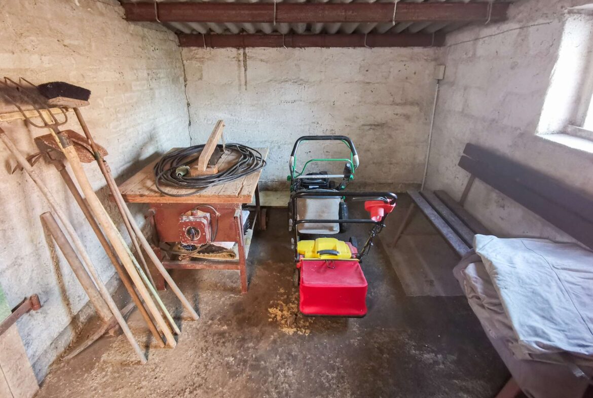 Dusty shed interior with a workbench, coiled extension cord, and tools leaning against the left wall under a corrugated roof.