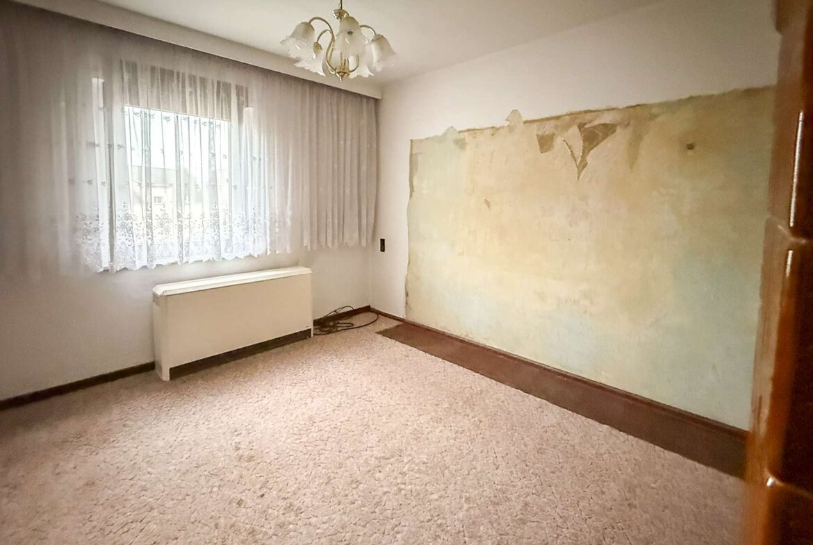 Empty living room with a peeling plaster wall on the right, beige carpet, and a lace-curtained window letting in light.