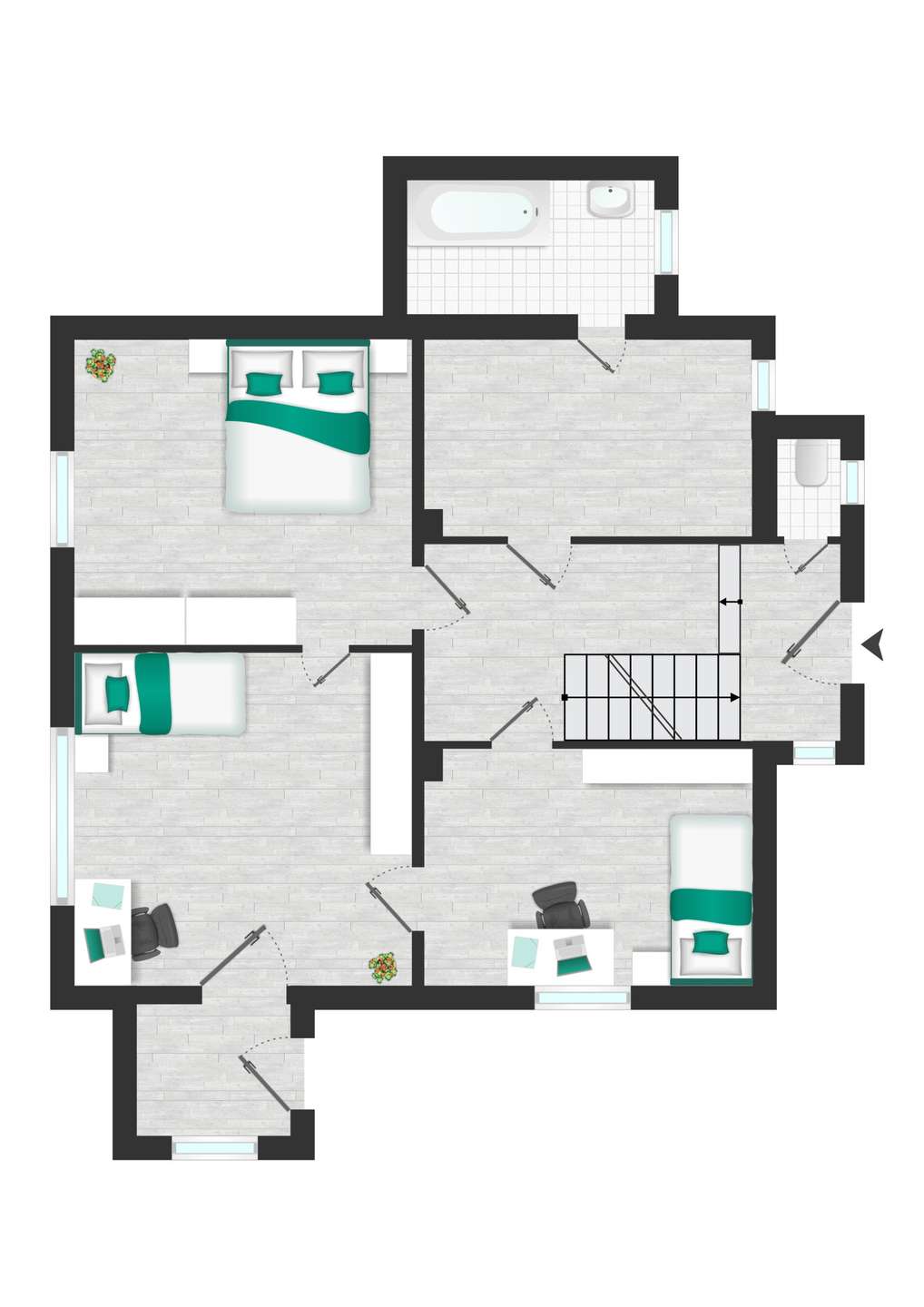 Top-down floor plan of a three-bedroom apartment with a central living area, two bathrooms, stairs, and an entry door.