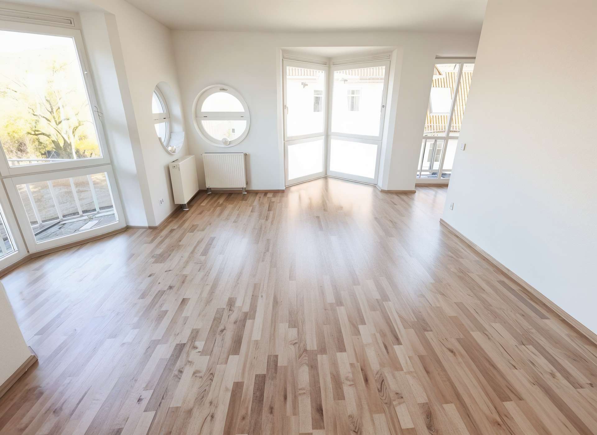 Empty bright living room with light wood flooring and large bay window