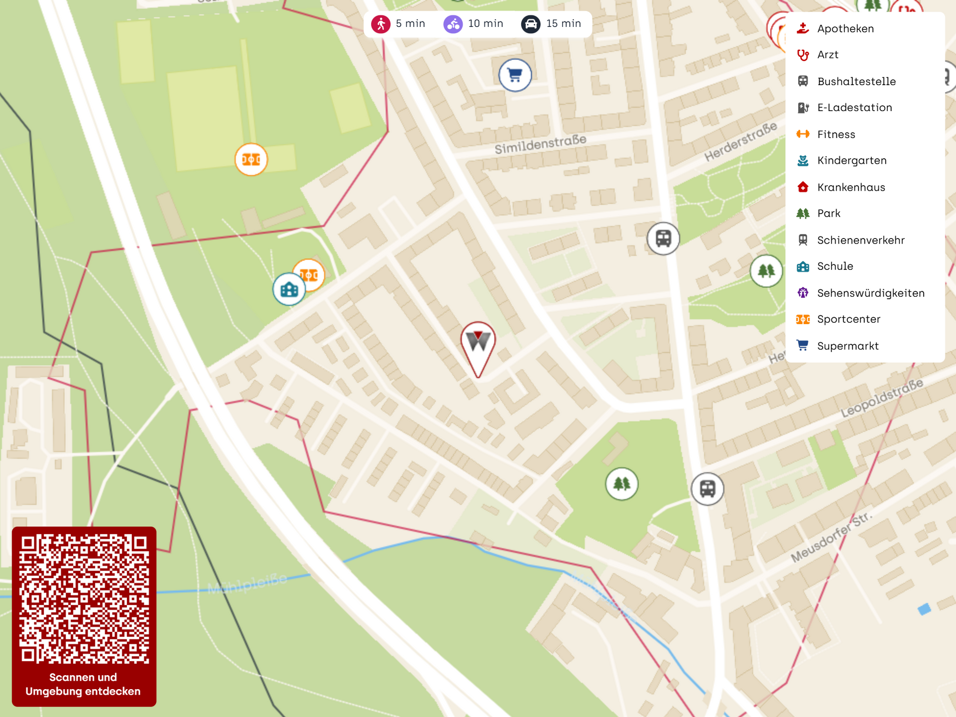 Interactive city map with icons for services (pharmacy, bus stop, park) and a right-hand category legend; includes a red QR code panel bottom-left saying 'Scannen und Umgebung entdecken' and green park areas.