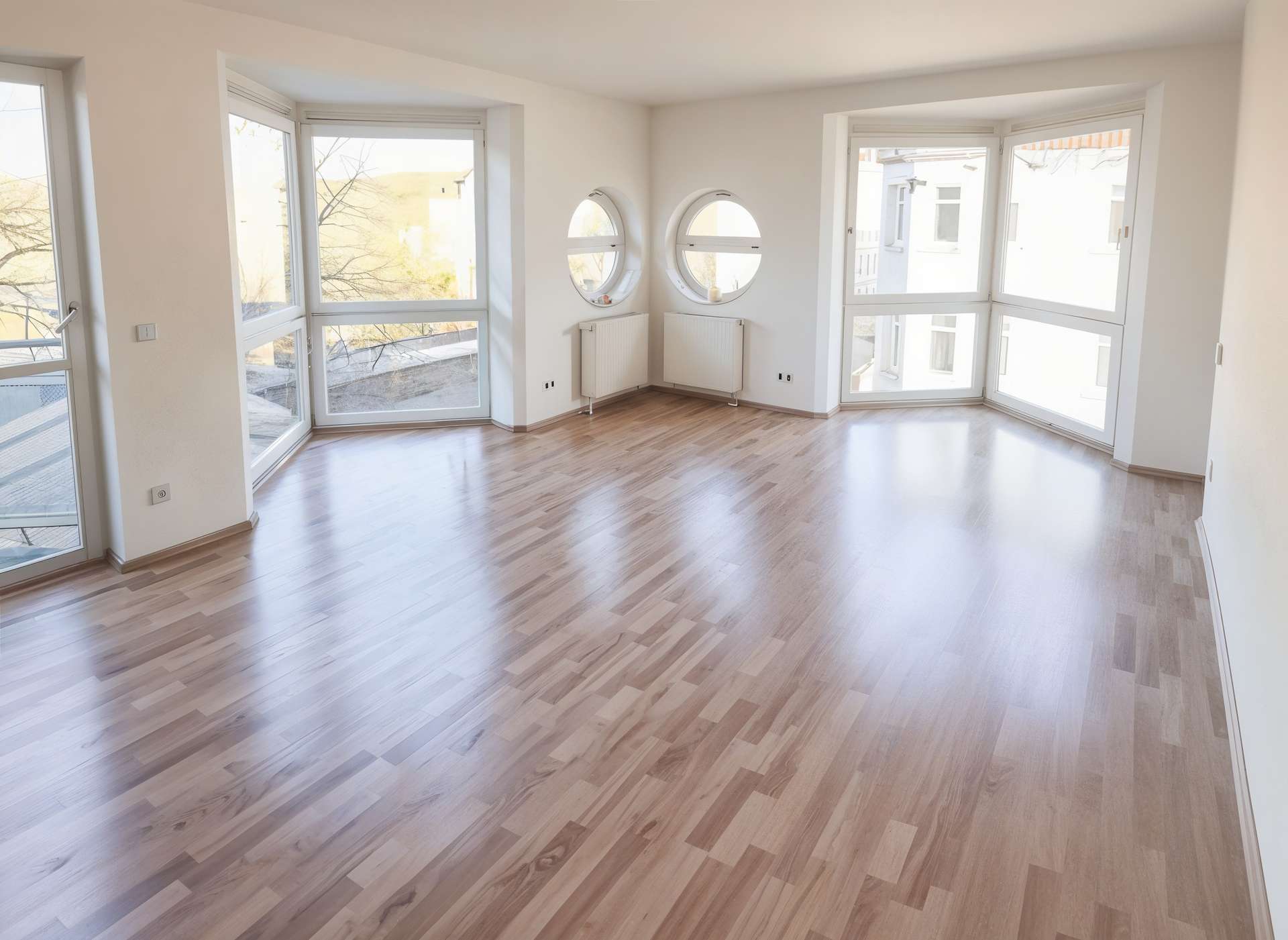 Bright empty living room with large bay windows and two round windows above radiators in white walls and light wood flooring