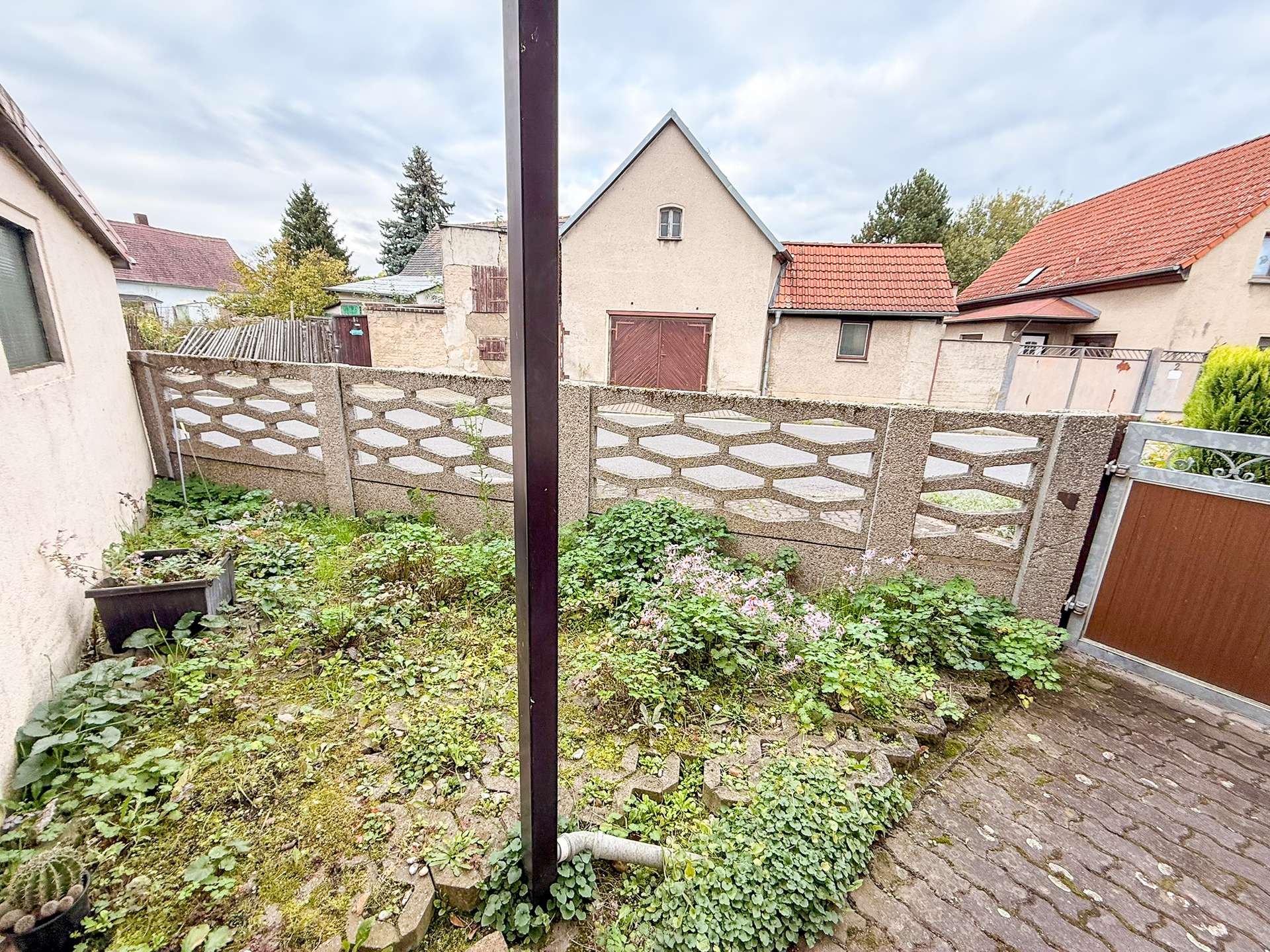 Backyard with overgrown plants and a stone-patterned wall, fence, and red-roofed houses in the background.