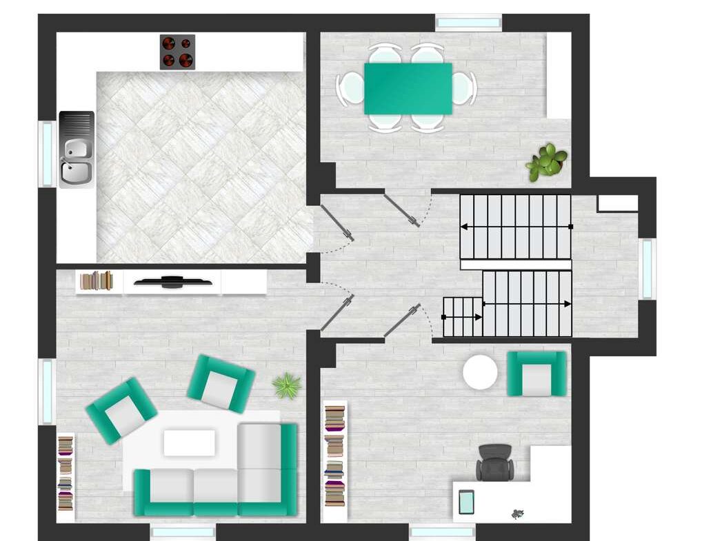 Floor plan of a home showing a kitchen (left), dining area (top right), living room (bottom left) with teal seating, and a small office area (bottom right) near stairs in the center-right.