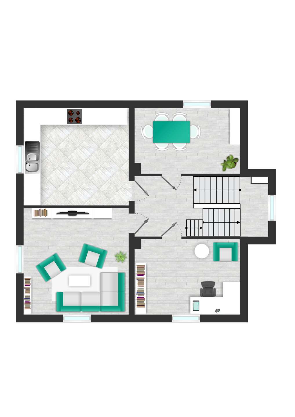 Floor plan of a home showing a kitchen (left), dining area (top right), living room (bottom left) with teal seating, and a small office area (bottom right) near stairs in the center-right.