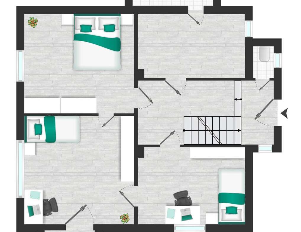 Top-down floor plan of a multi-bedroom apartment with two bathrooms, a central corridor, and stairs to the right.