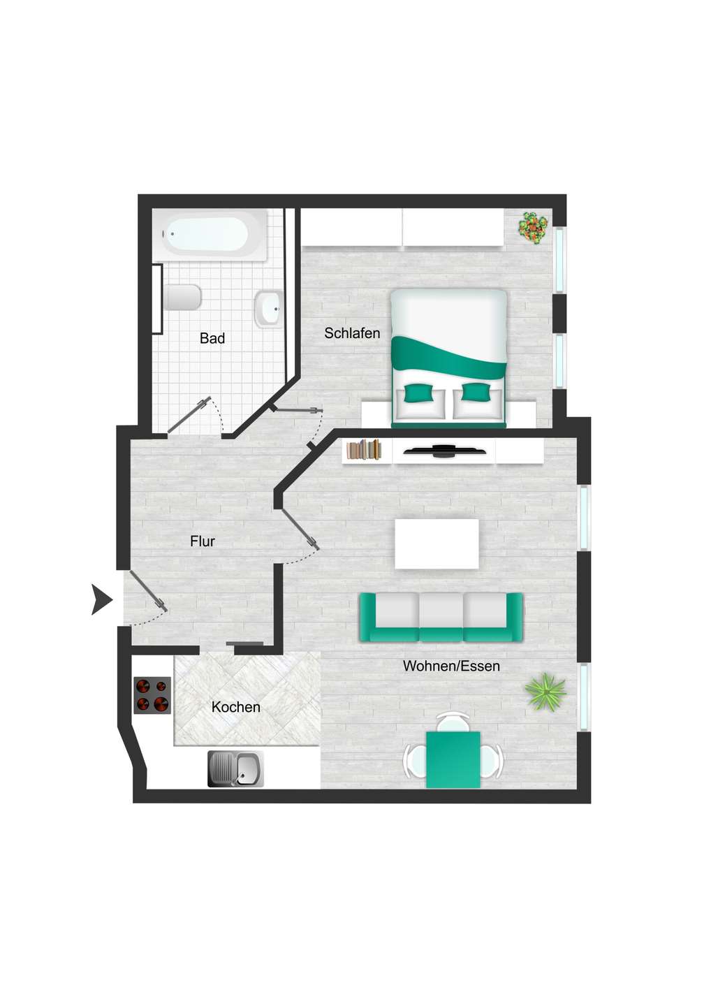 Floor plan of an apartment: entry hall opens to living/dining area with teal sofa, bedroom, kitchen, and bathroom to the left.