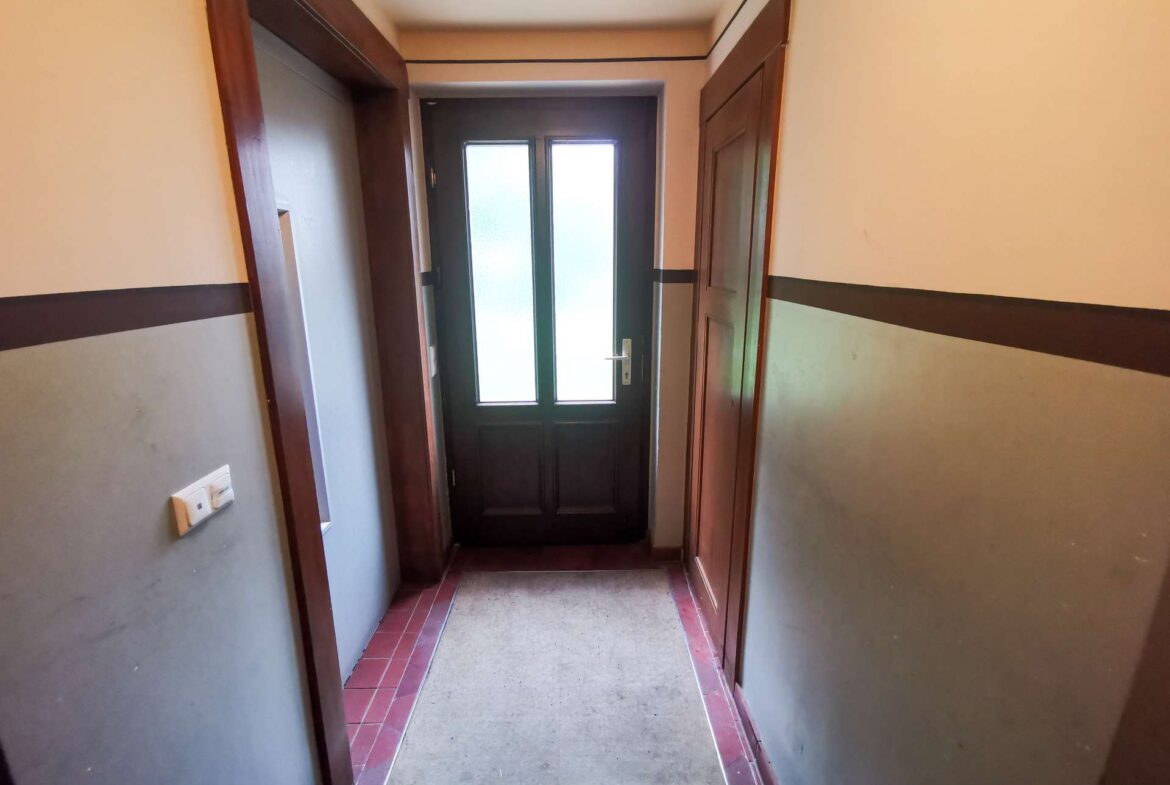 Narrow hallway with brown door frames leading to a dark front door with frosted glass panels; green walls with a dark horizontal stripe and a red tile border by the floor.