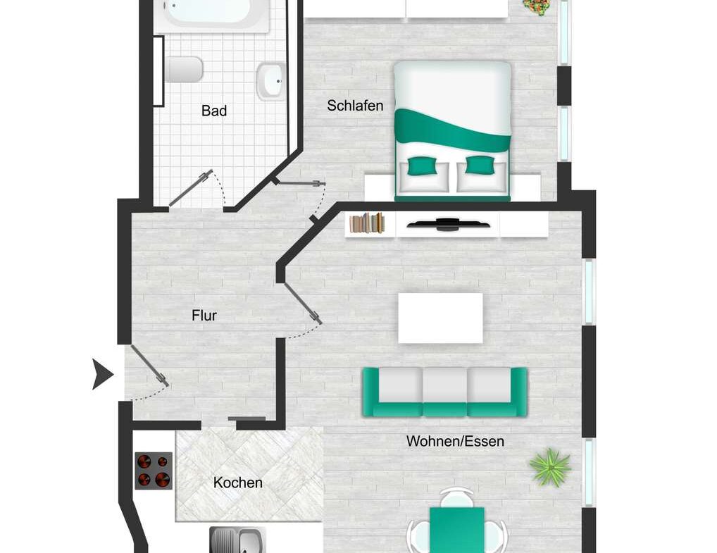Grundriss einer kleinen Wohnung: Flur führt zum Wohnzimmer mit Sofa und Essbereich, Küche, Schlafzimmer und Bad links oben.