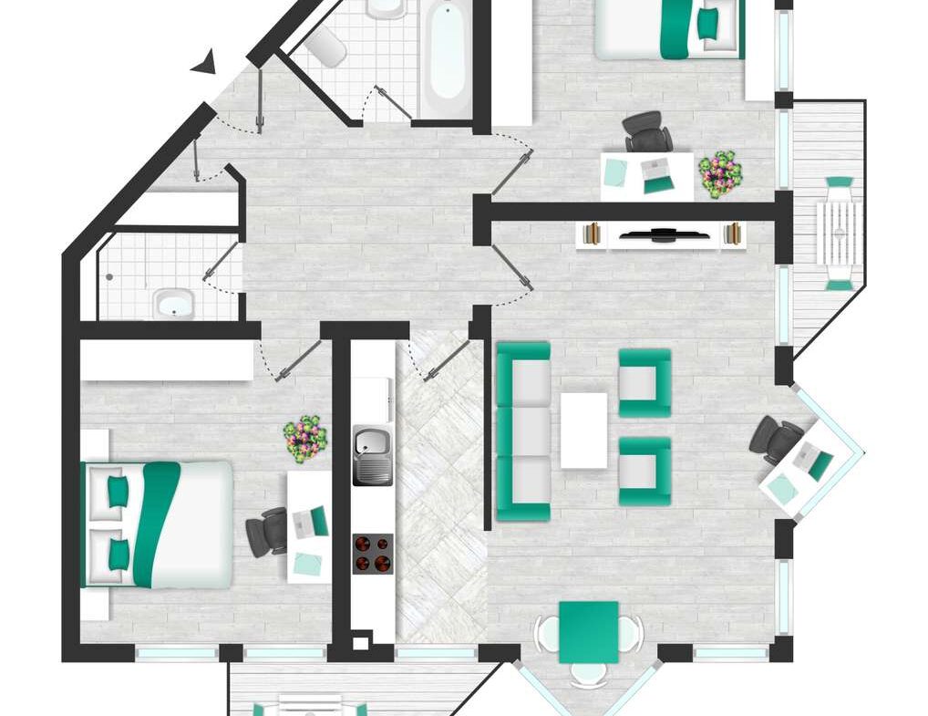 Floor plan of a two-bedroom apartment showing a living room, kitchen, two bathrooms, and a balcony/patio area.