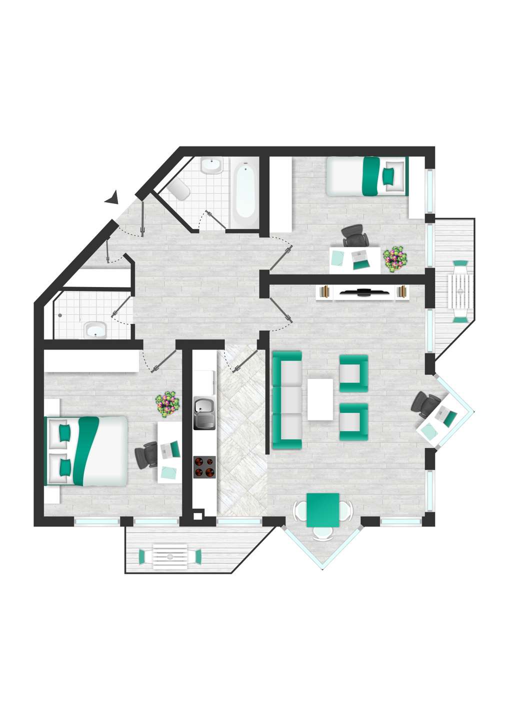 Floor plan of a two-bedroom apartment showing a living room, kitchen, two bathrooms, and a balcony/patio area.
